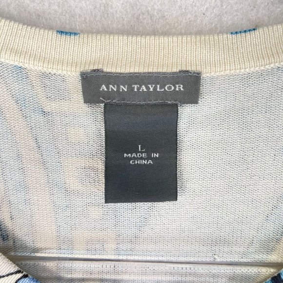ANN TAYLOR Womens L Silk Blend Mod Blue Swirl Crystal Button Up Top Sweater - Picture 5 of 11